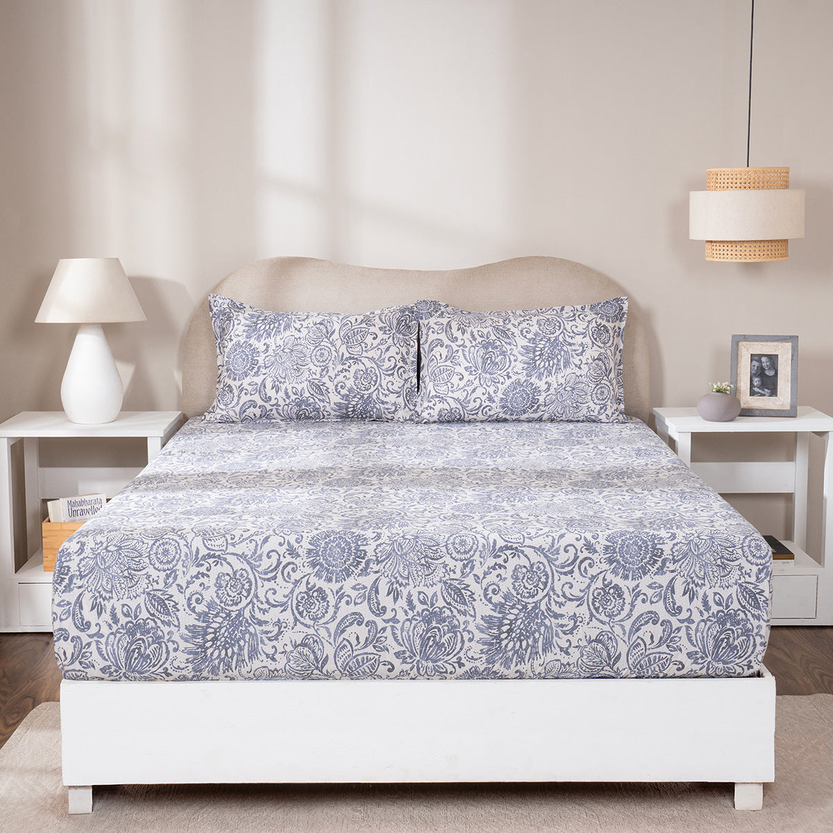 Fitted Sheet with Pillow Case 100% Cotton Brushed Jacobean Heritage Garden Dark Denim