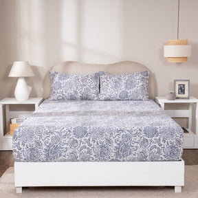 Fitted Sheet with Pillow Case 100% Cotton Brushed Jacobean Heritage Garden Dark Denim