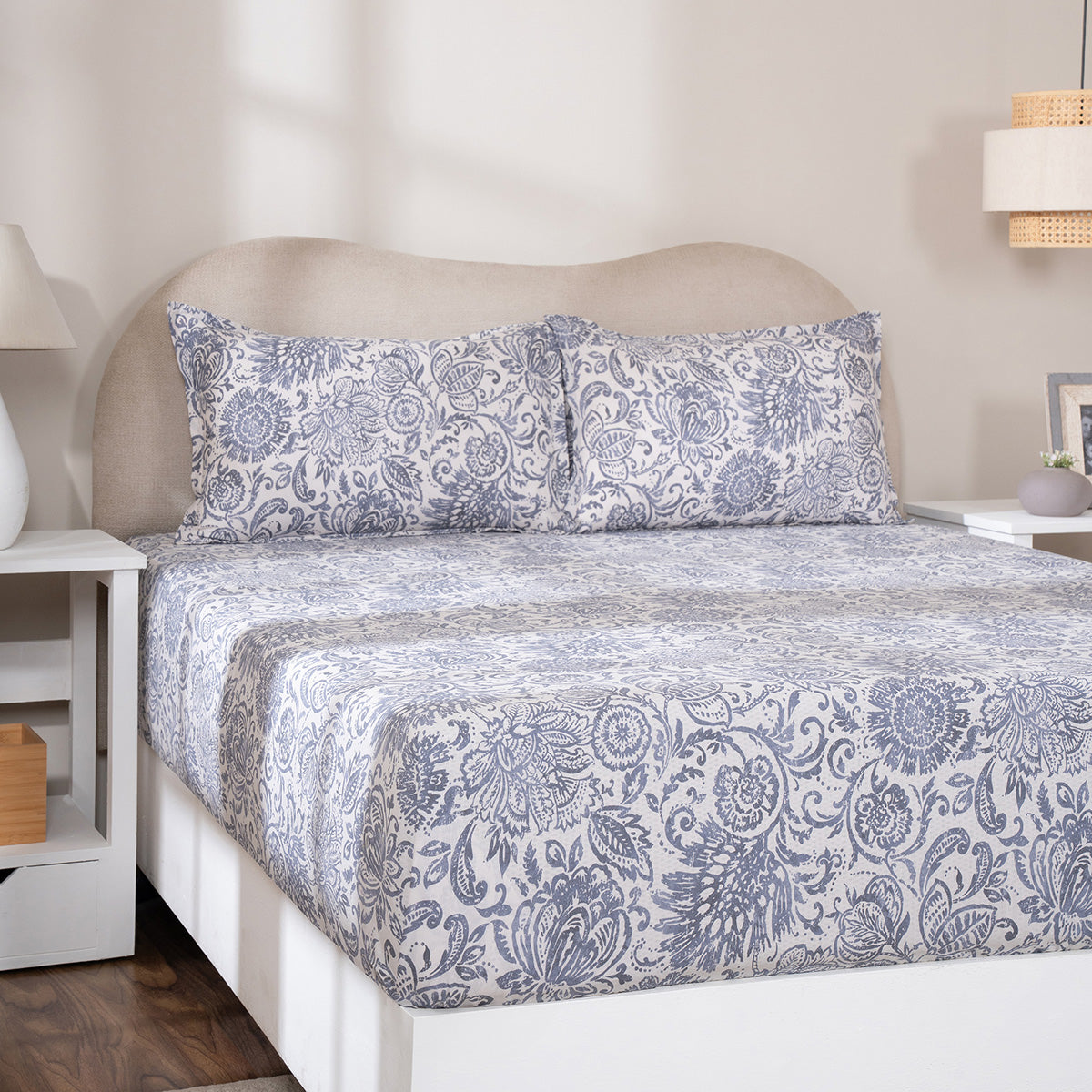 Fitted Sheet with Pillow Case 100% Cotton Brushed Jacobean Heritage Garden Dark Denim