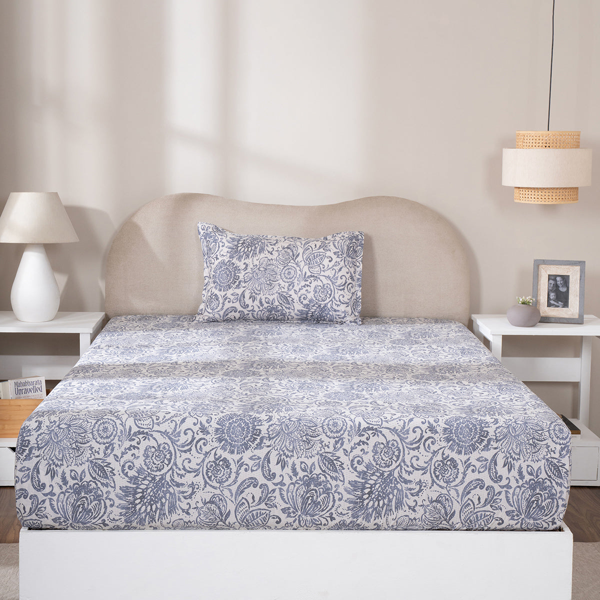 Fitted Sheet with Pillow Case 100% Cotton Brushed Jacobean Heritage Garden Dark Denim