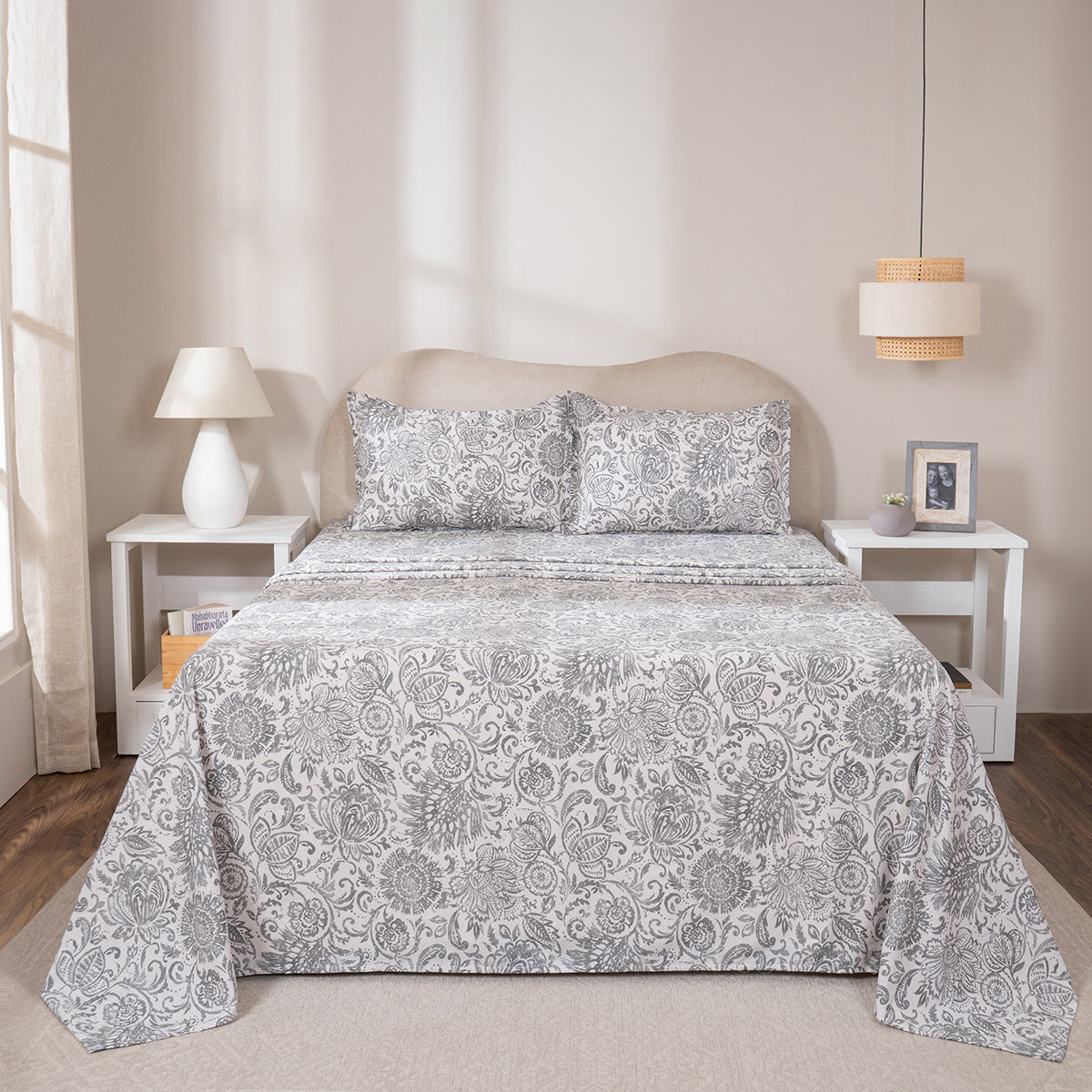 Bedsheet with Pillow Case 100% Cotton Brushed Jacobean Heritage Garden Beige