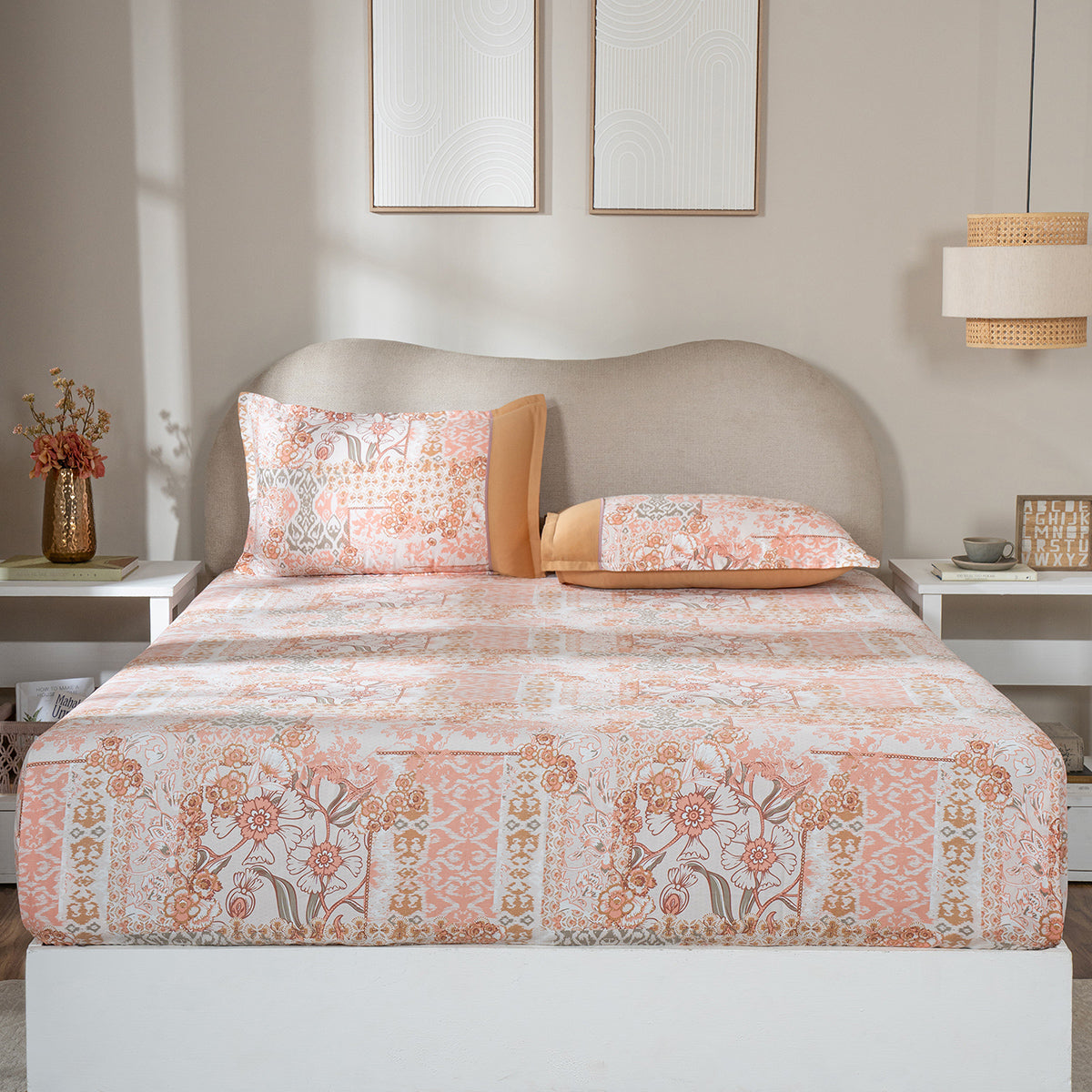 Fitted Sheet with Pillow Case 100% Cotton Ethereal Floral Heritage Garden Dusty Coral