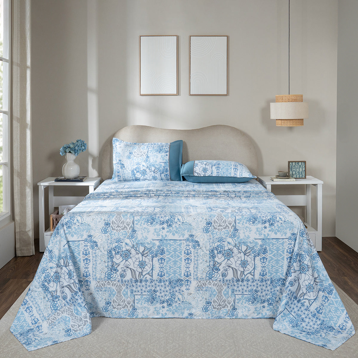 Bedsheet with Pillow Case 100% Cotton Ethereal Floral Heritage Garden Forever Blue