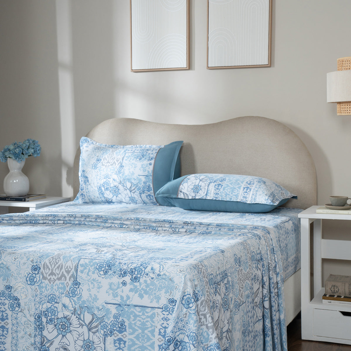 Bedsheet with Pillow Case 100% Cotton Ethereal Floral Heritage Garden Forever Blue
