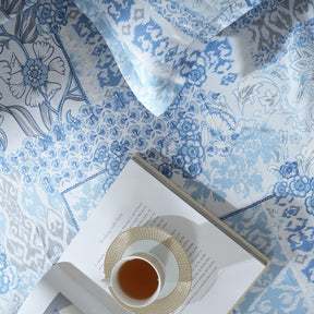 Fitted Sheet with Pillow Case 100% Cotton Ethereal Floral Heritage Garden Forever Blue