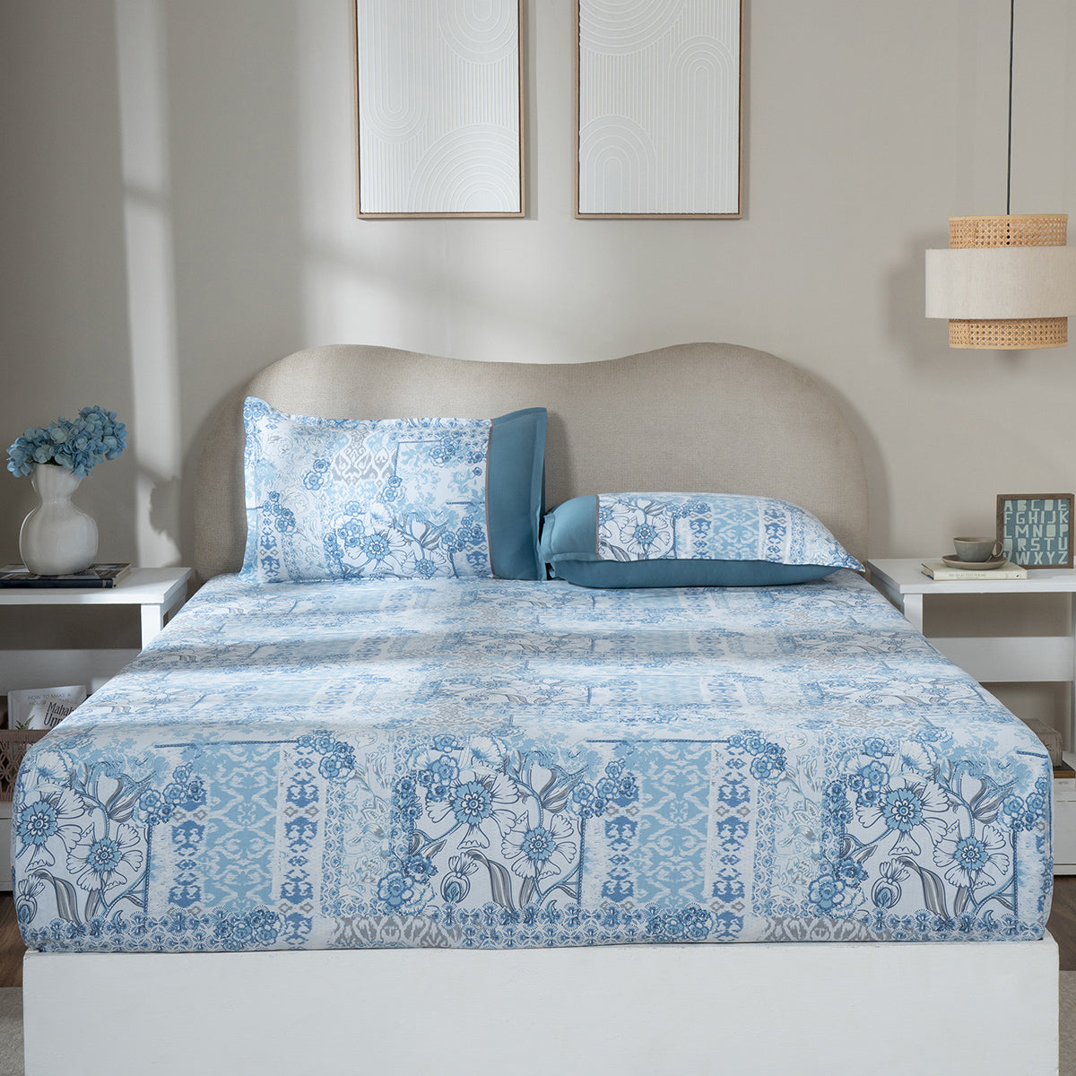 Fitted Sheet with Pillow Case 100% Cotton Ethereal Floral Heritage Garden Forever Blue