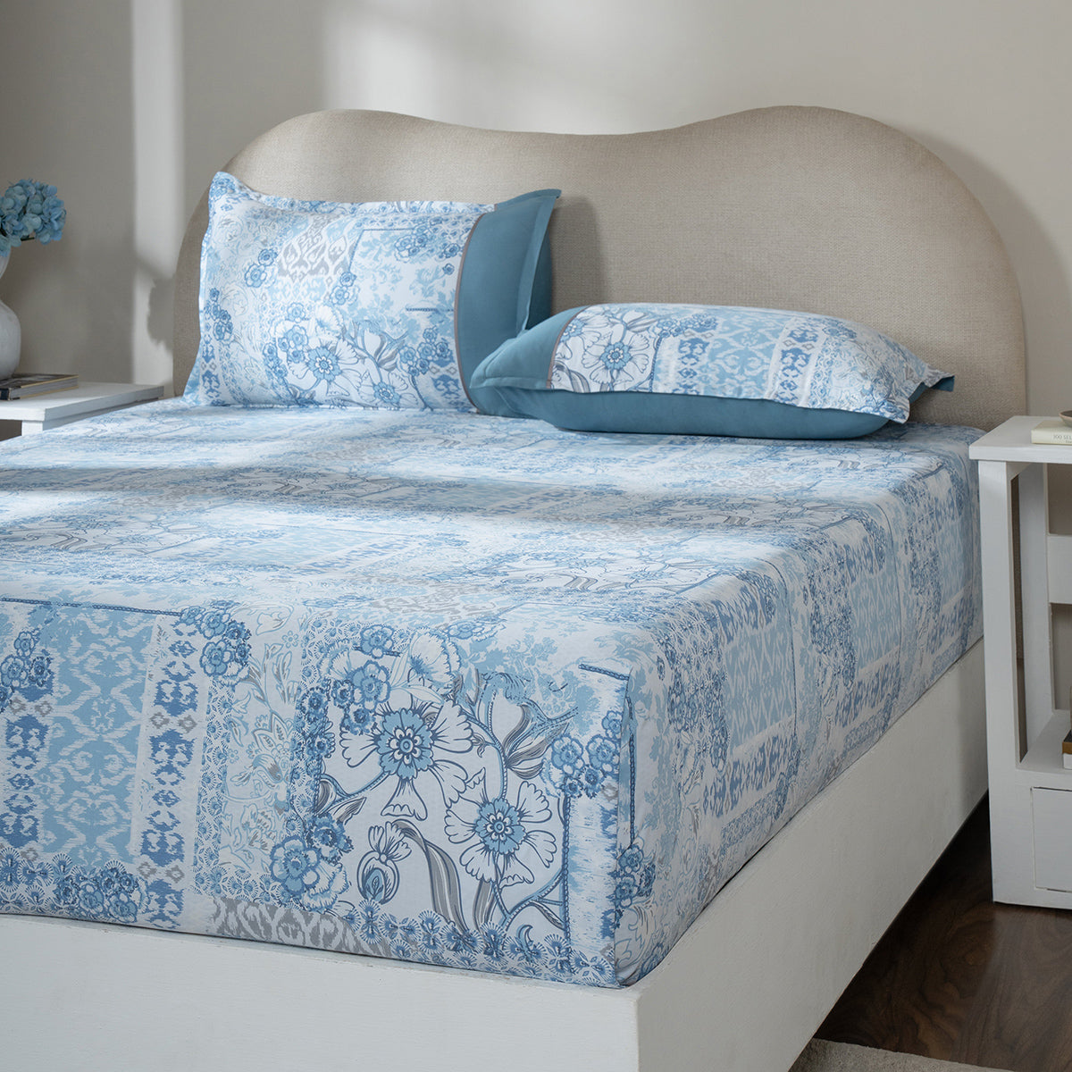 Fitted Sheet with Pillow Case 100% Cotton Ethereal Floral Heritage Garden Forever Blue