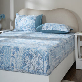 Fitted Sheet with Pillow Case 100% Cotton Ethereal Floral Heritage Garden Forever Blue