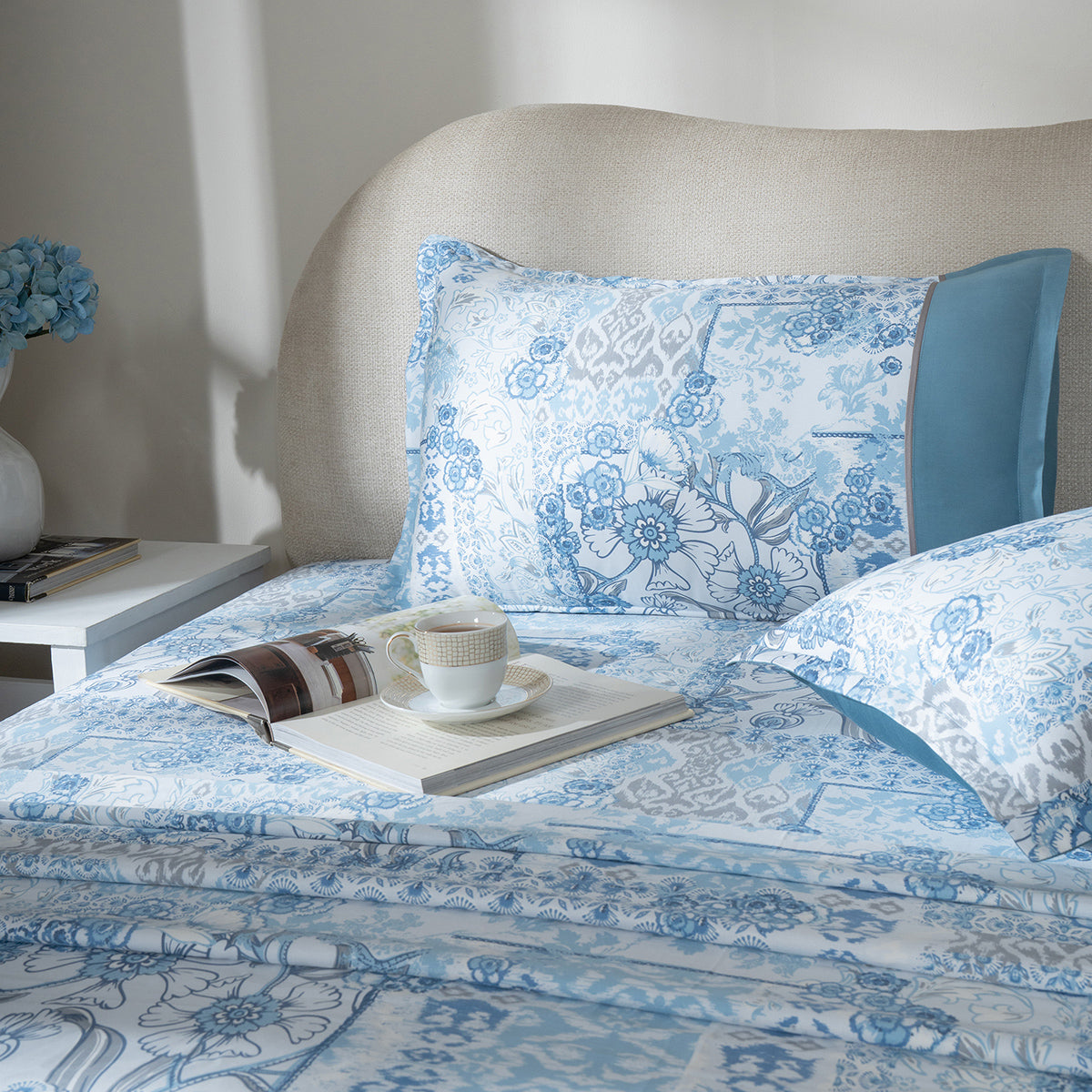 Fitted Sheet with Pillow Case 100% Cotton Ethereal Floral Heritage Garden Forever Blue