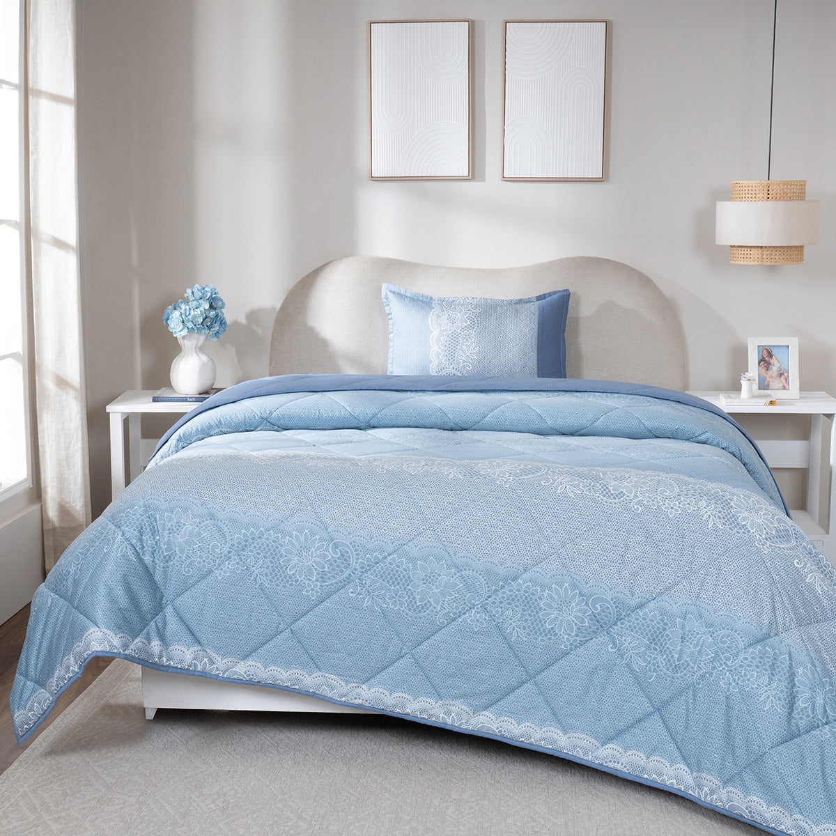 Quilt 110GSM 100% Cotton Shell Filigree Heritage Garden Provincial Blue