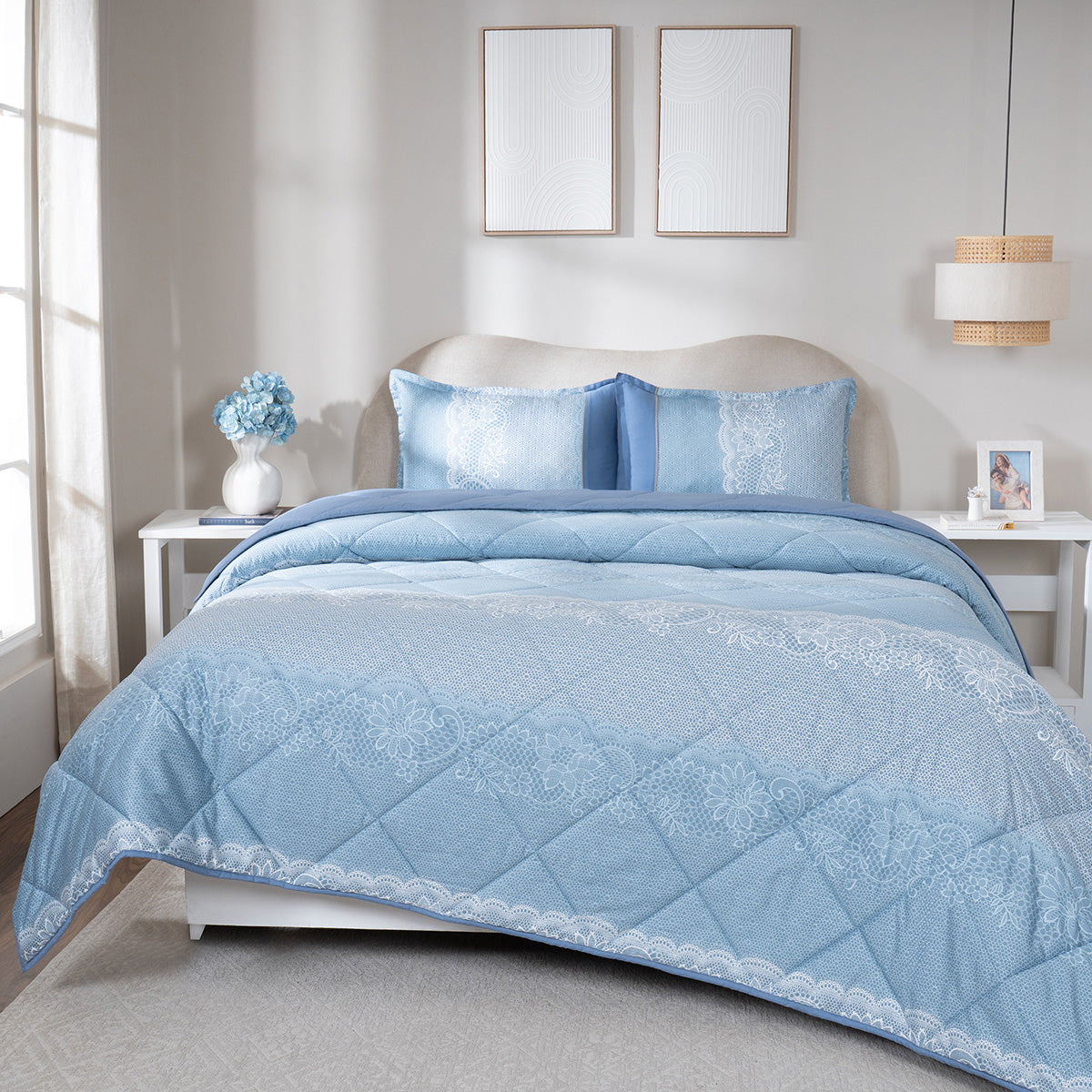 Quilt 110GSM 100% Cotton Shell Filigree Heritage Garden Provincial Blue