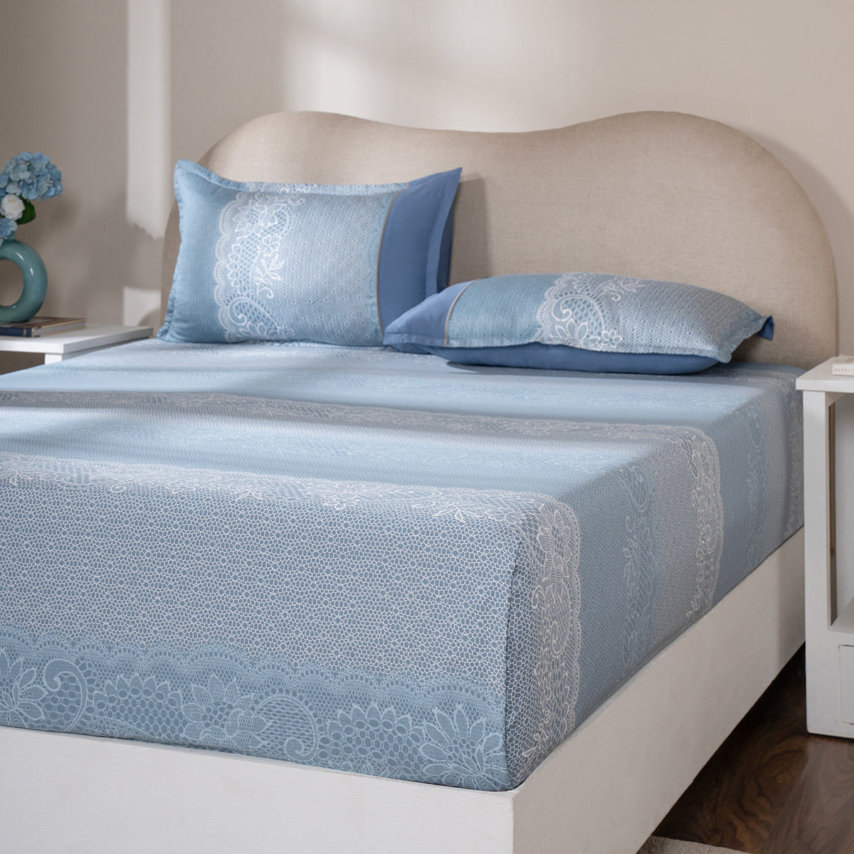 Fitted Sheet with Pillow Case 100% Cotton Filigree Heritage Garden Provincial Blue