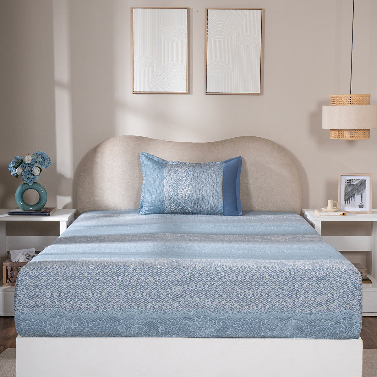 Fitted Sheet with Pillow Case 100% Cotton Filigree Heritage Garden Provincial Blue