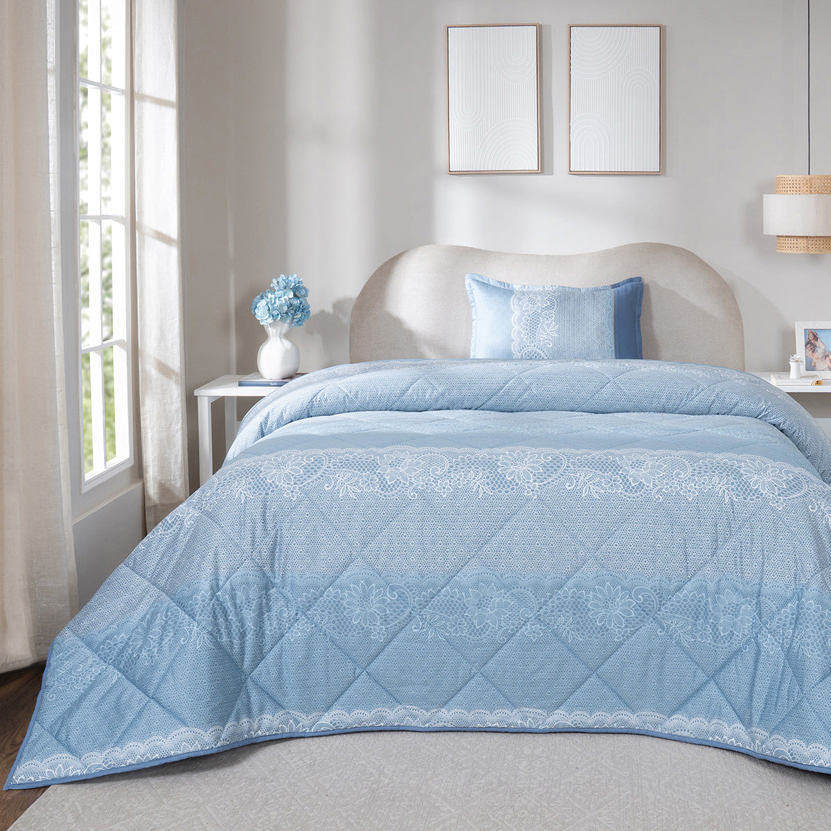 Quilt 300GSM 100% Cotton Shell Filigree Heritage Garden Provincial Blue