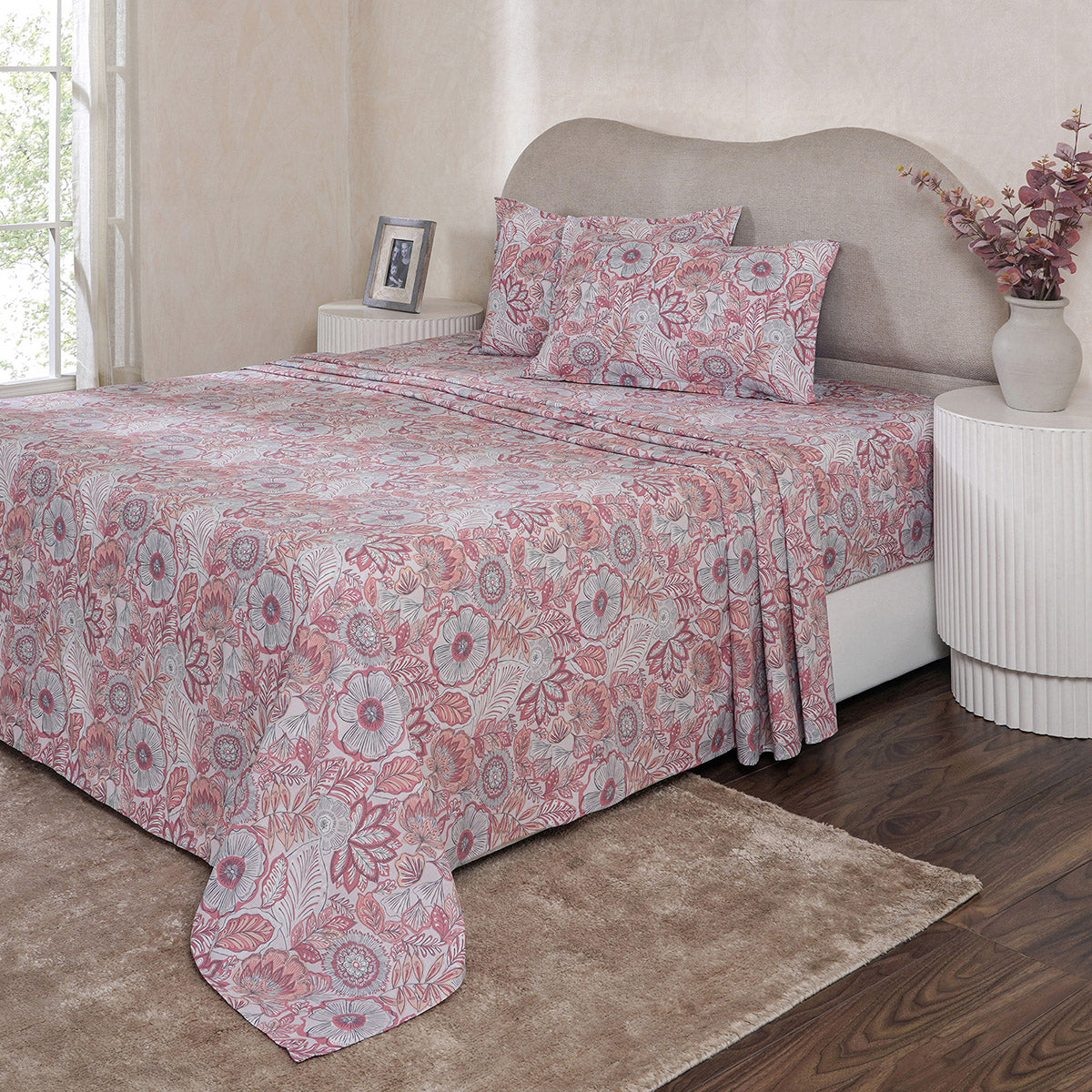 Hermosa Botanic Bloom Petaline 100% Cotton Printed Bedsheet with Pillow Case Old Rose