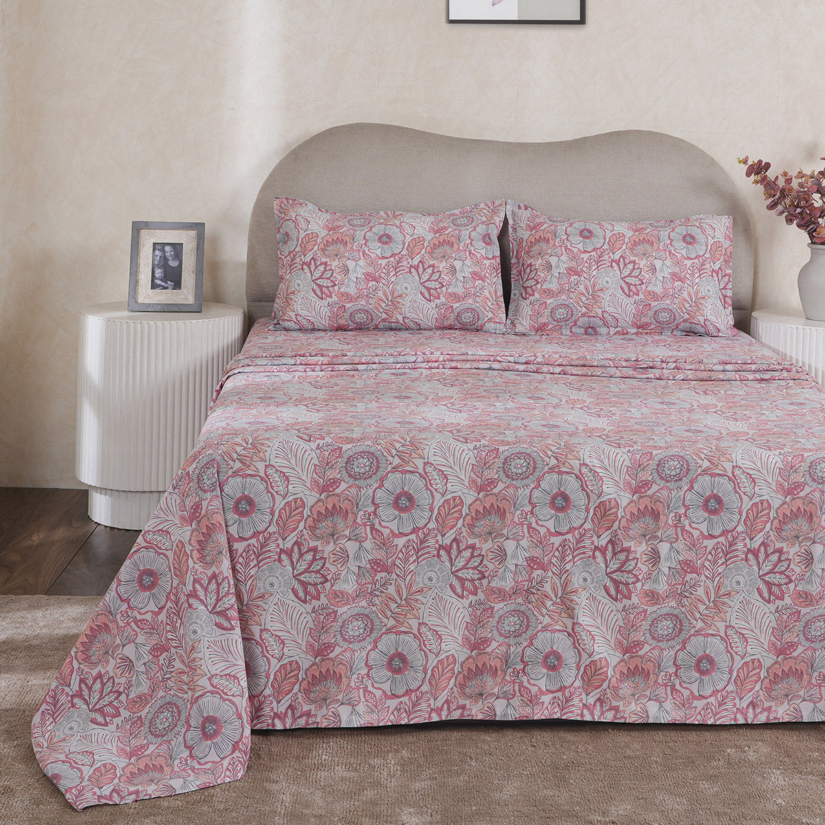 Hermosa Botanic Bloom Petaline 100% Cotton Printed Bedsheet with Pillow Case Old Rose