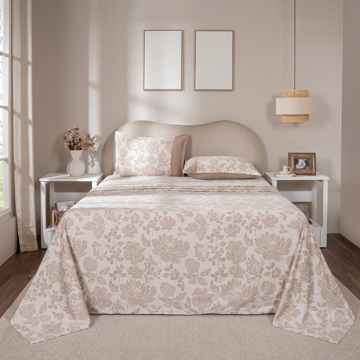 Bedsheet with Pillow Case 100% Cotton Stria Floral Heritage Garden Beige