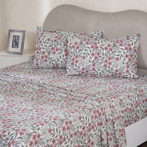 Hermosa Botanic Bloom Fleur Essence 100% Cotton Printed Bedsheet with Pillow Case Red