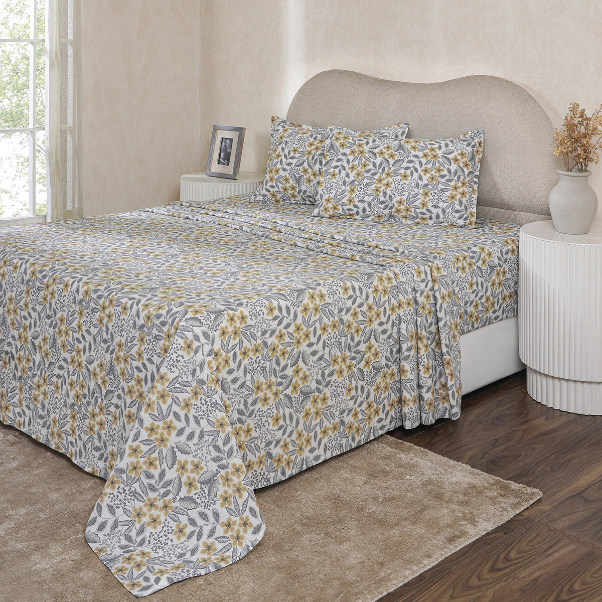 Hermosa Botanic Bloom Fleur Essence 100% Cotton Printed Bedsheet with Pillow Case Yellow