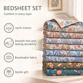 Bedsheet with Pillow Case 100% Cotton Verdant Heritage Garden Rustic Brown