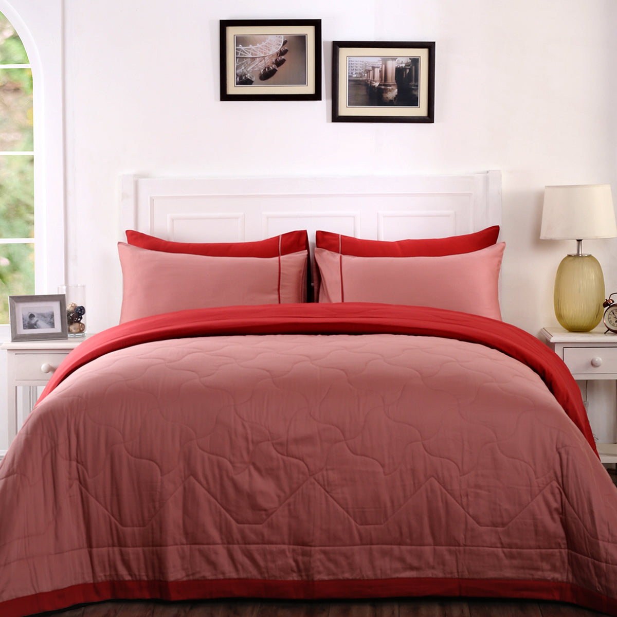 Vincent Reversible Brick Red/Cameo Brown Quilt/Quilted Bed Cover Set