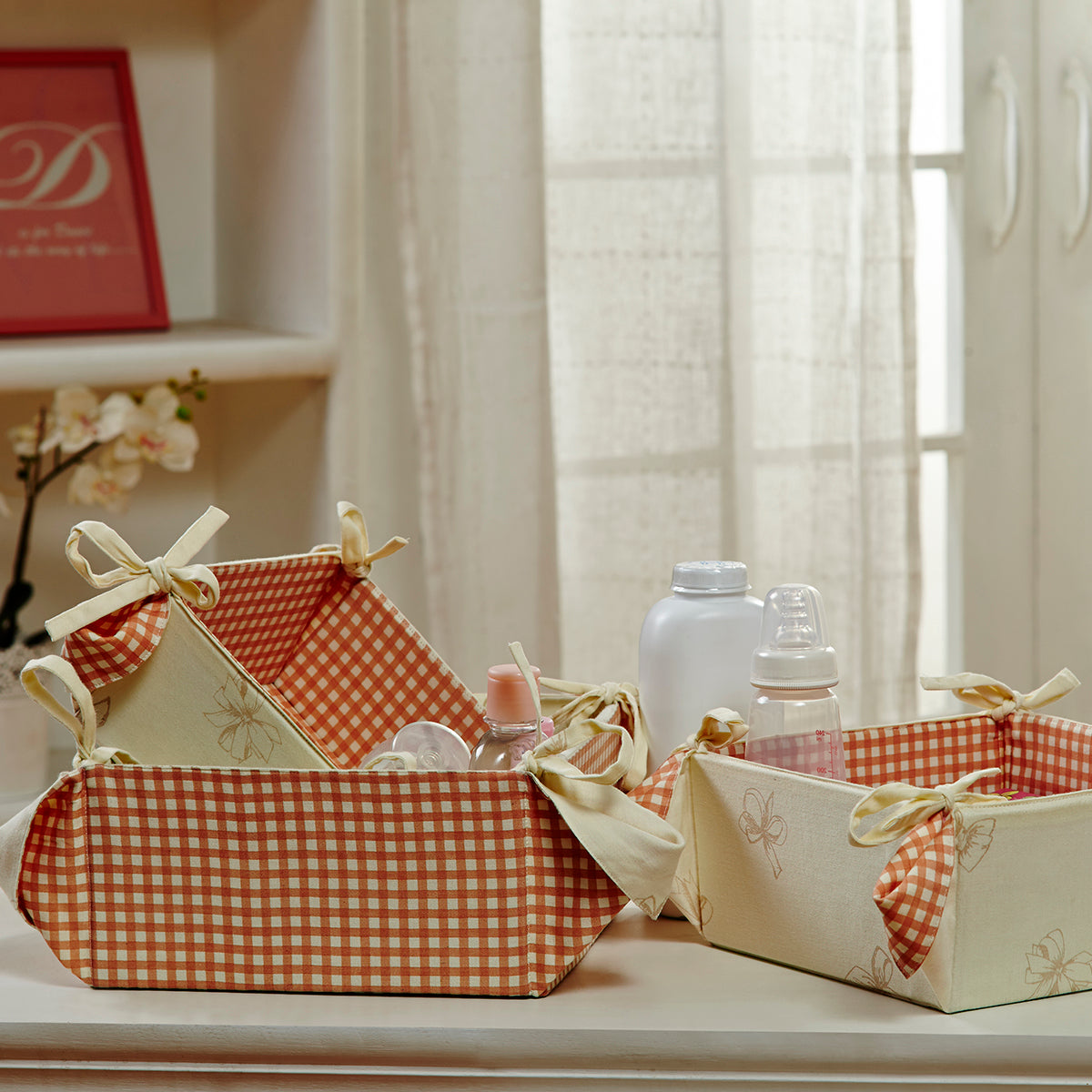 Little Maspar Gingham Print 100% Cotton Printed Set of 3 multi purpose tray Peach