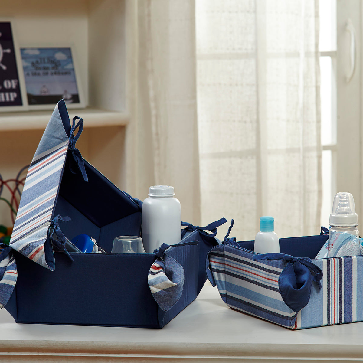 Little Maspar Sailor Stripe 100% Cotton Solid Set of 3 multi purpose tray Blue