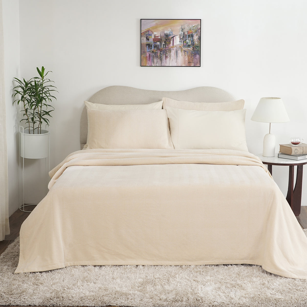 Caroline Woven Herringbone Pattern with Soft Drape Style Beige Bed Cover/Blanket