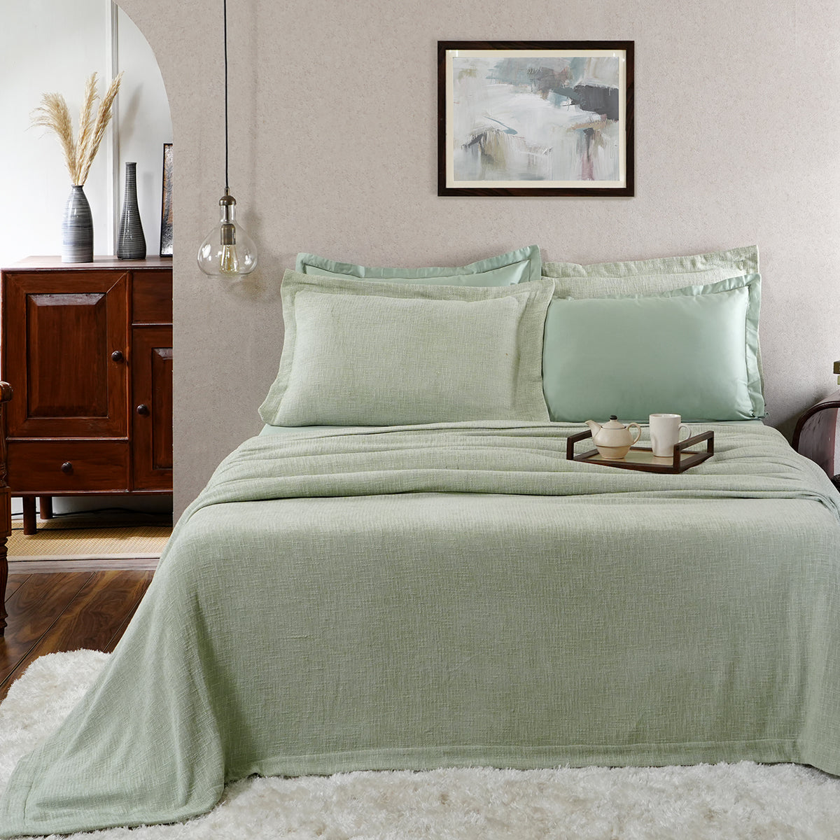 Tranquil Essence Burb Slub Viscose Blend Weaved Green Bed Cover