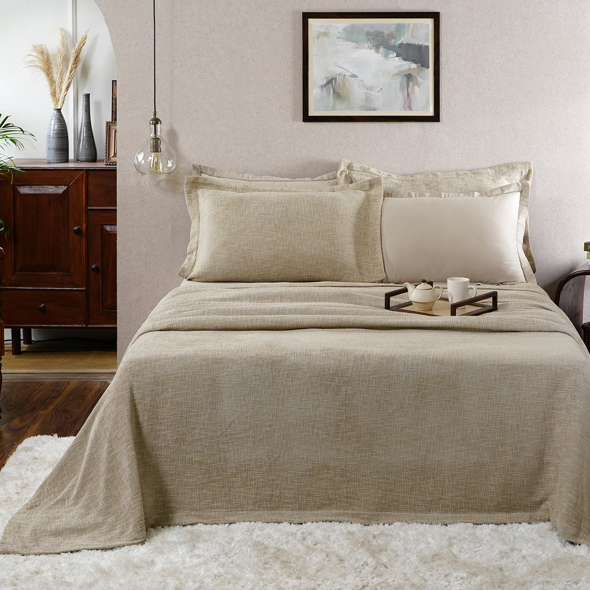 Tranquil Essence Burb Slub Viscose Blend Weaved Beige Bed Cover