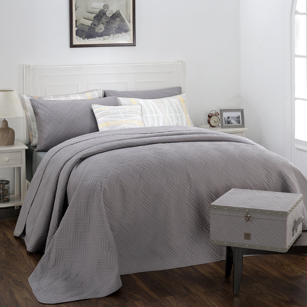 Eliott Grey 8PC Quilt/Quilted Bed Cover Set