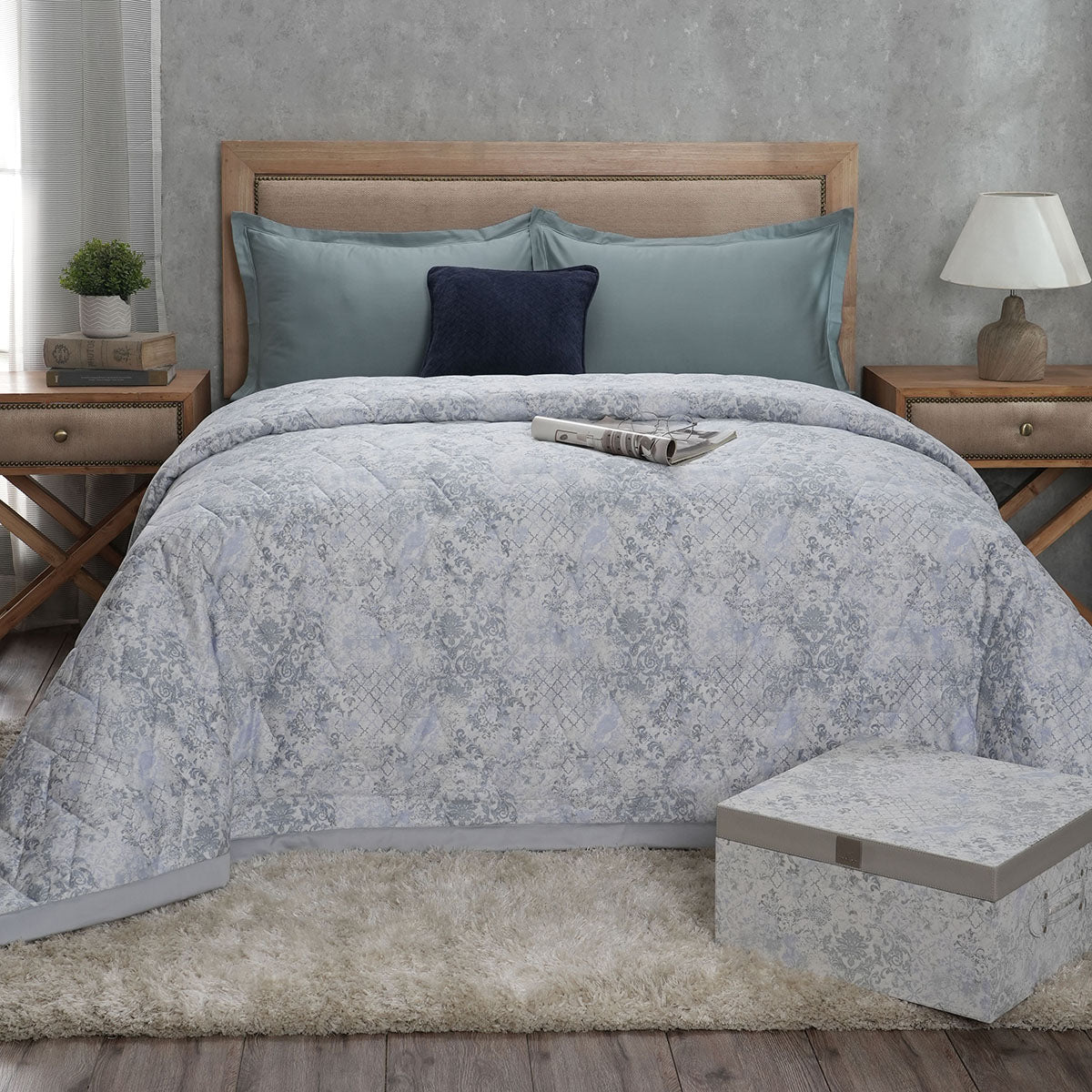 PBS Refined Retro Nouvel Damask 6PC Quilt/Quilted Bed Cover Set Blue