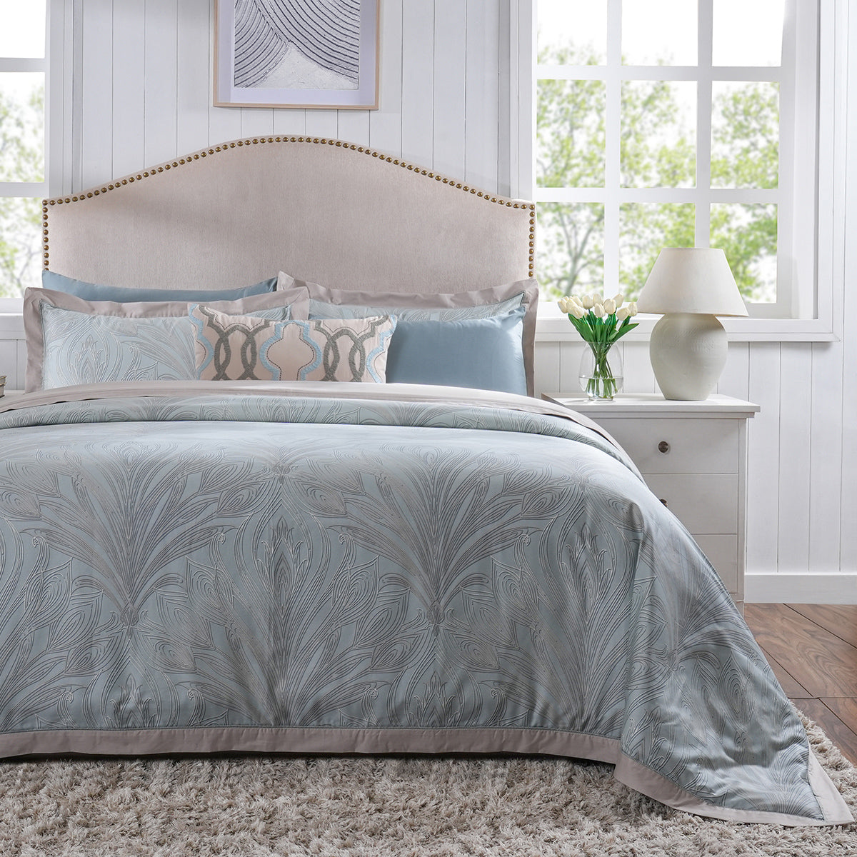 Classical Ornate Baroque Feathering 8pcs Duvet Cover Set Blue