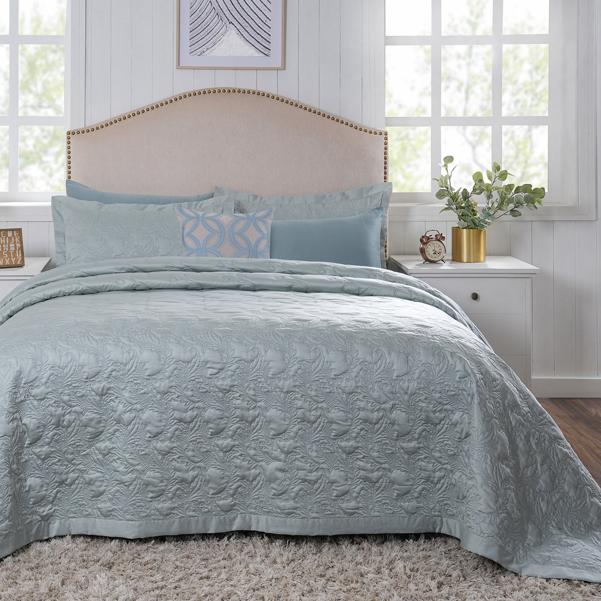 8pcs Quilt/Qulited Bed Cover Set Blue Classical Ornate Twirls & Swirls