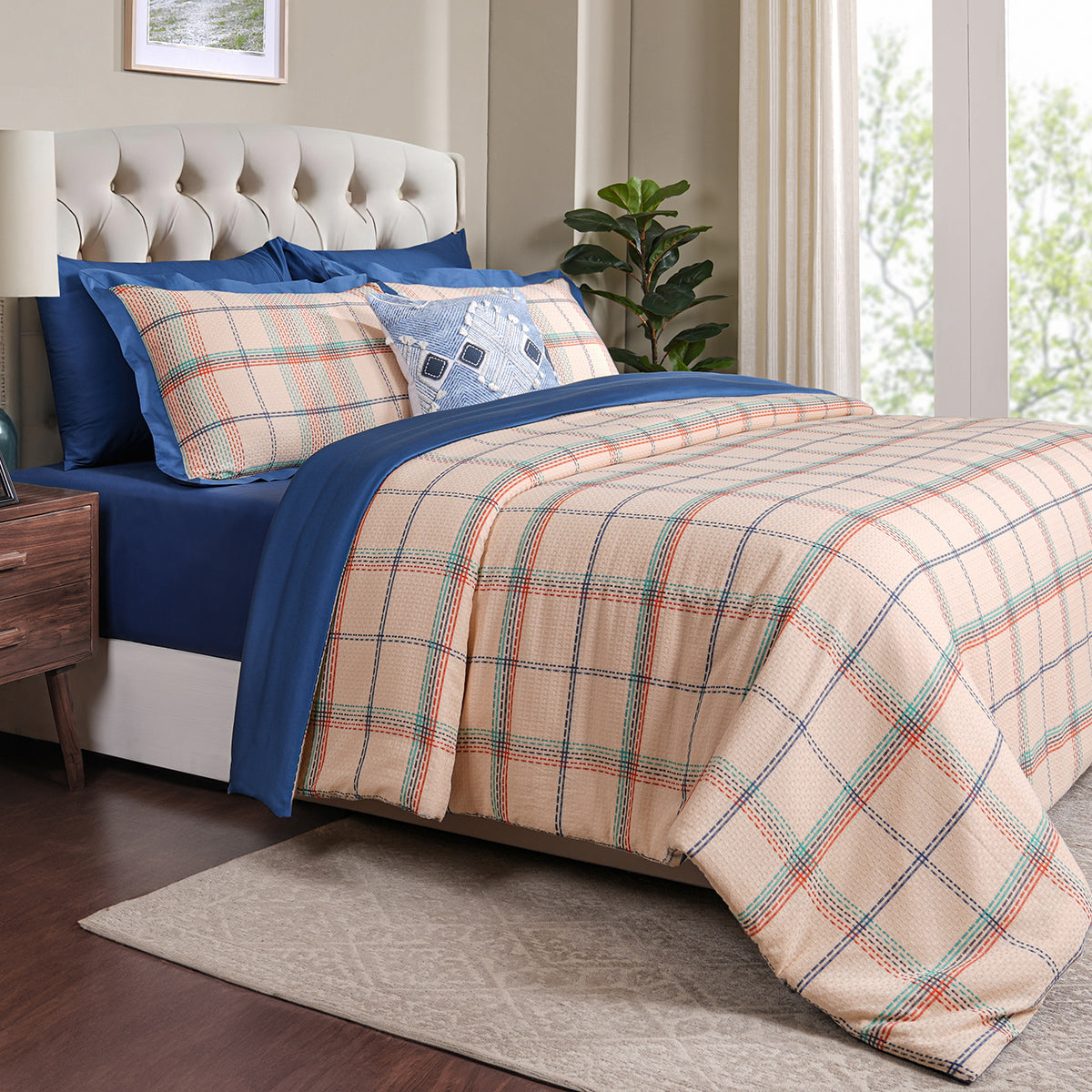 Eclectic Geo Mosaic Plaid Woven 100% Cotton Blue 8 pcs Duvet Cover Set