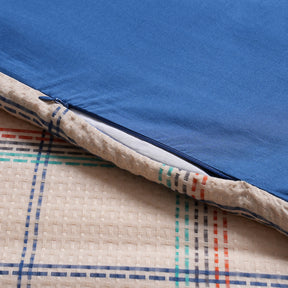 Eclectic Geo Mosaic Plaid Woven 100% Cotton Blue 8 pcs Duvet Cover Set