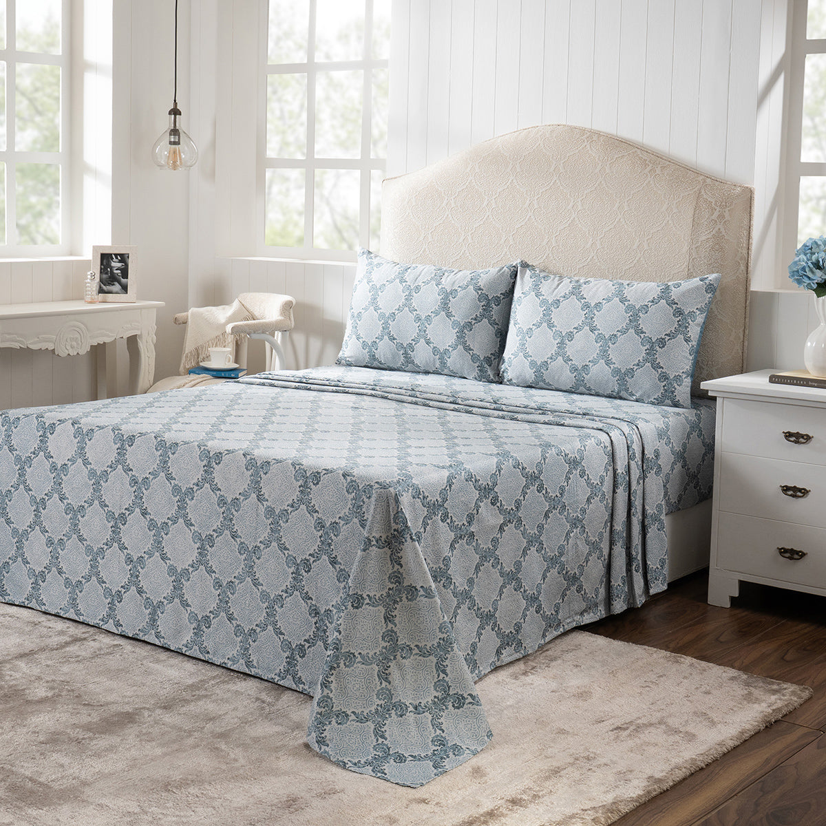Bedsheet with Pillow Case 100% Cotton Blue Damascene Imperial Grace