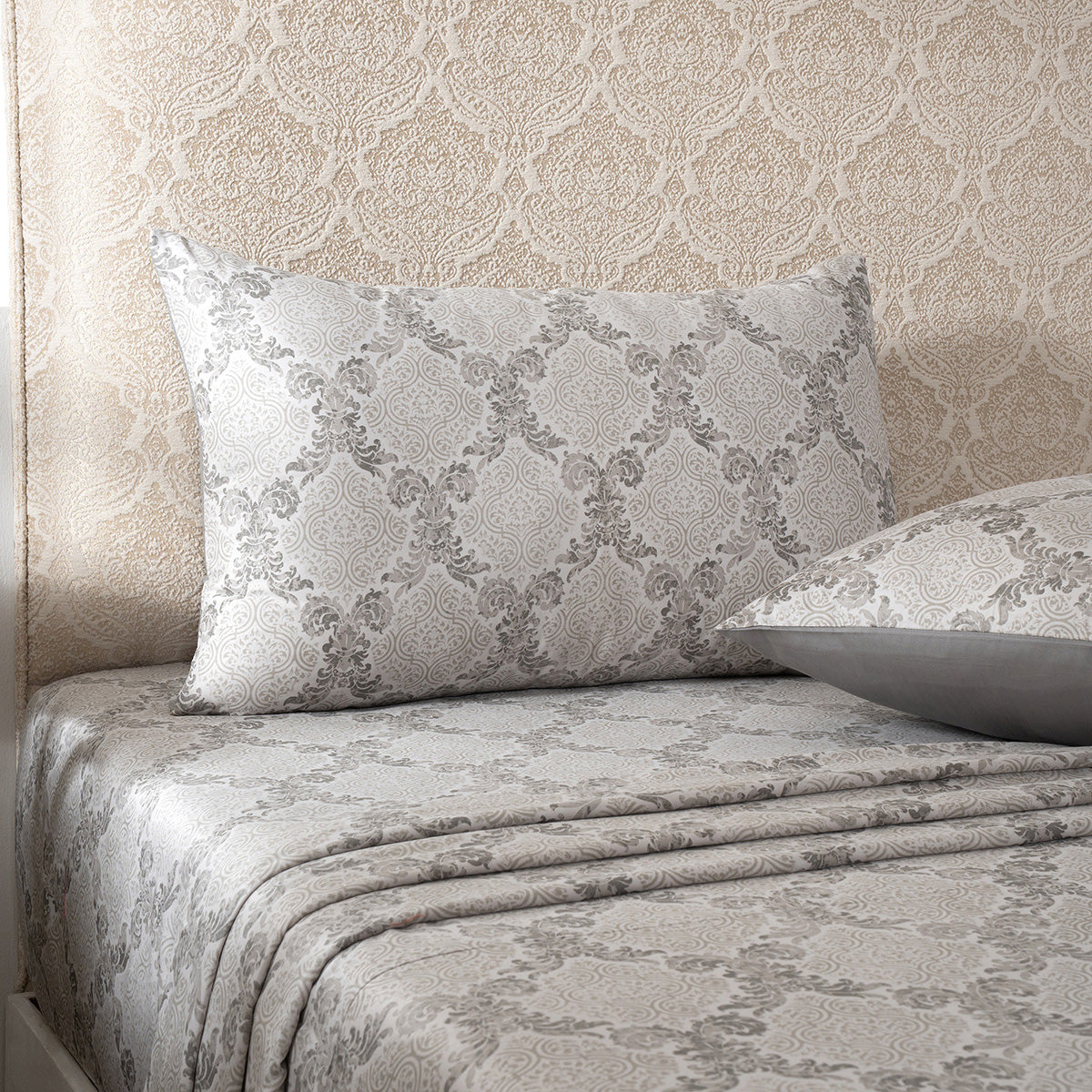 Bedsheet with Pillow Case 100% Cotton Grey Damascene Imperial Grace
