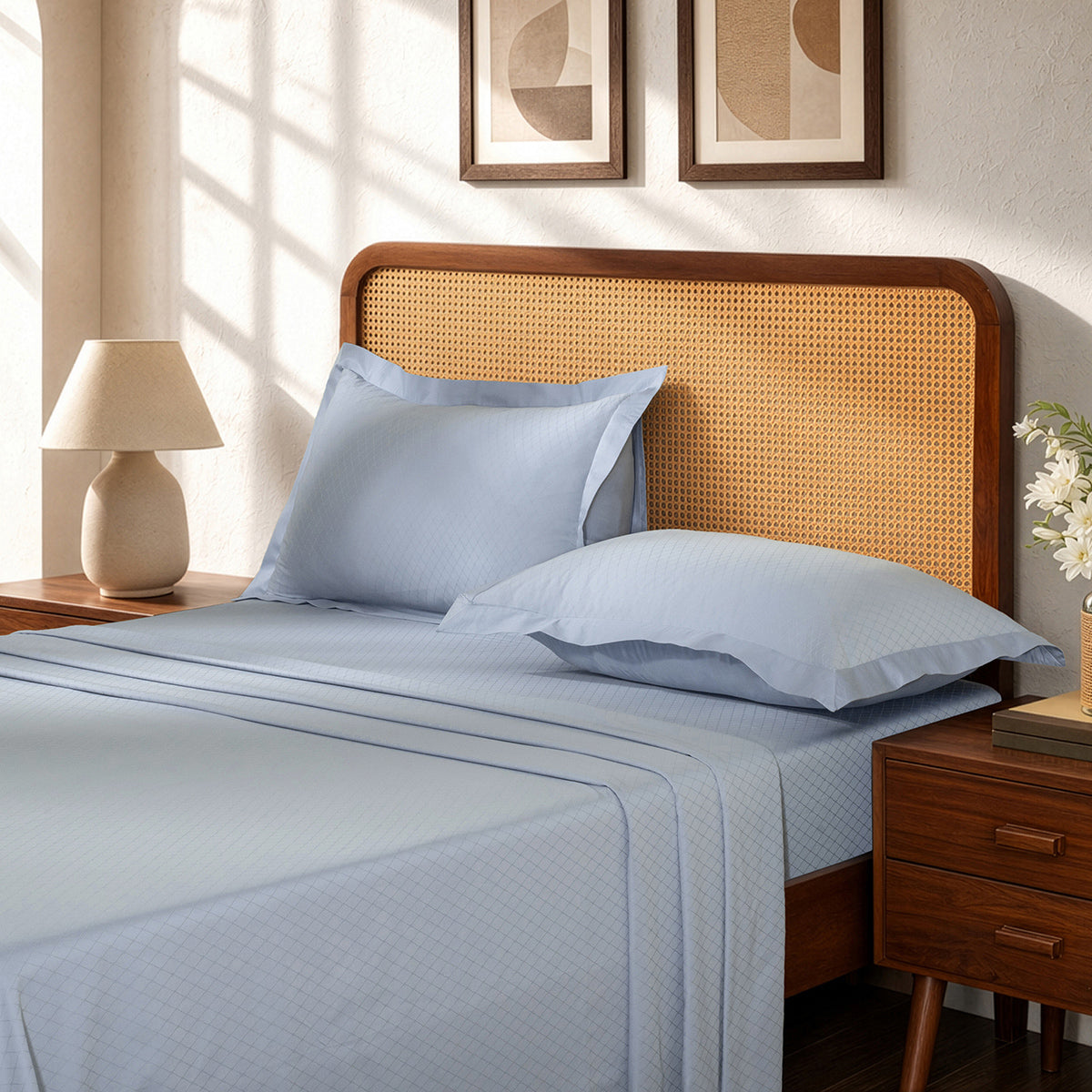 Bedsheet with Pillow Case Fretwork 100% Cotton Jacquard Blue
