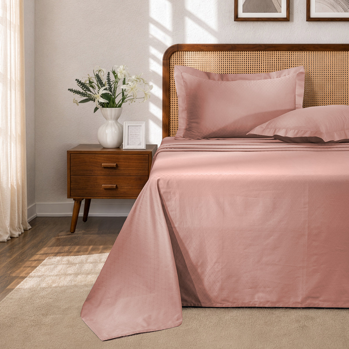 Bedsheet with Pillow Case Fretwork 100% Cotton Jacquard Blush