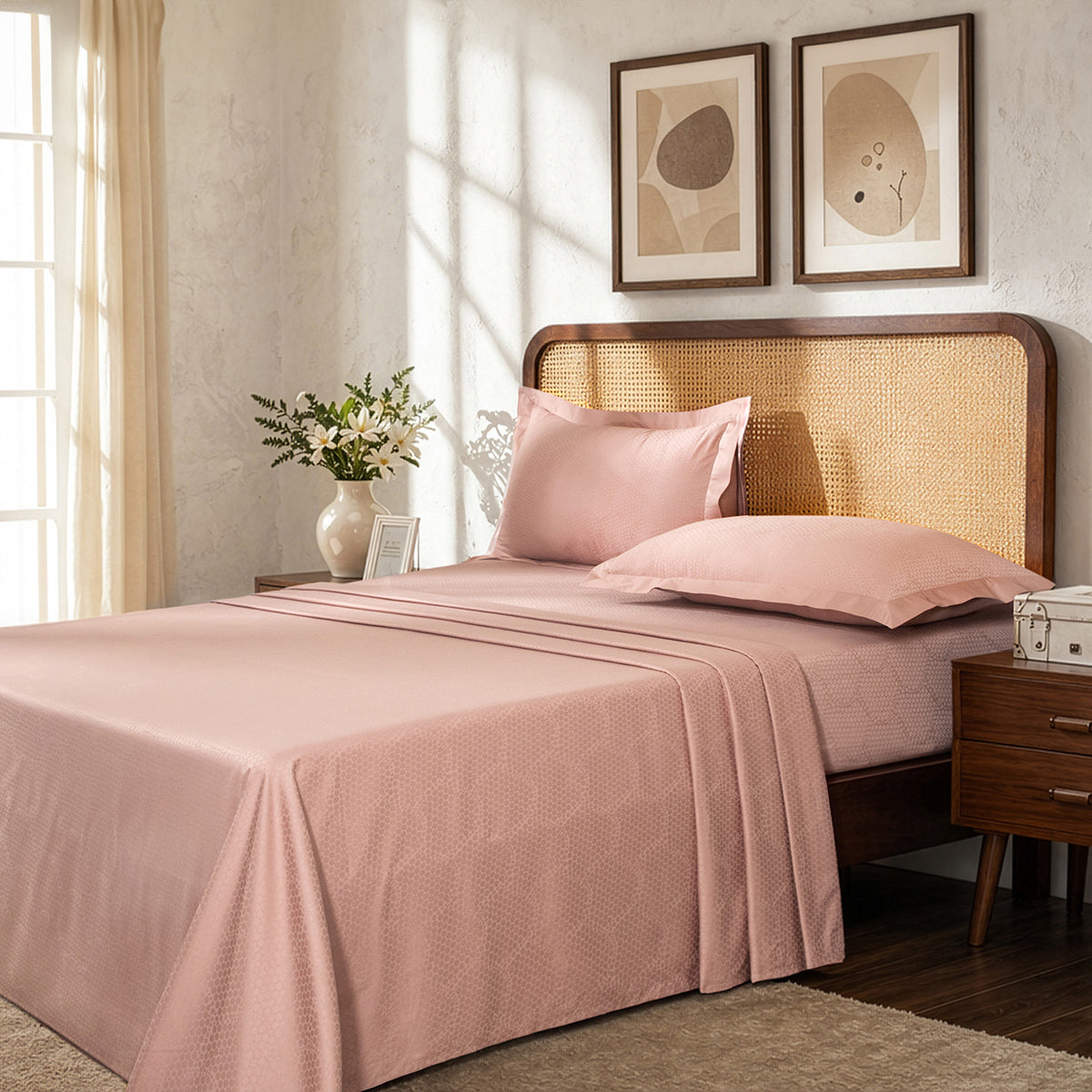 Bedsheet with Pillow Case Setai 100% Cotton Jacquard Blush