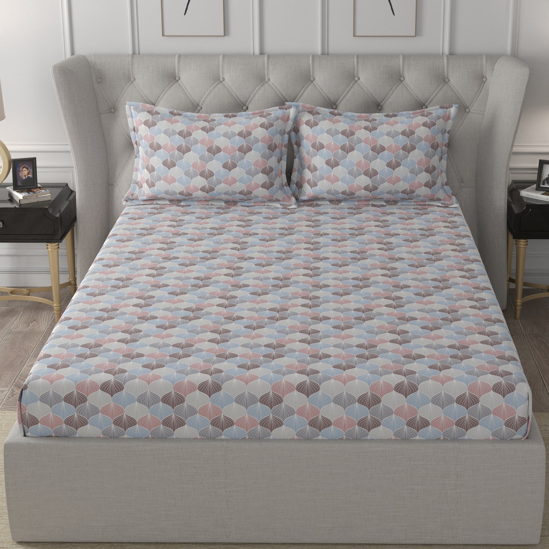 Florescence Boston Printed 100% Cotton Blue Bed Sheet
