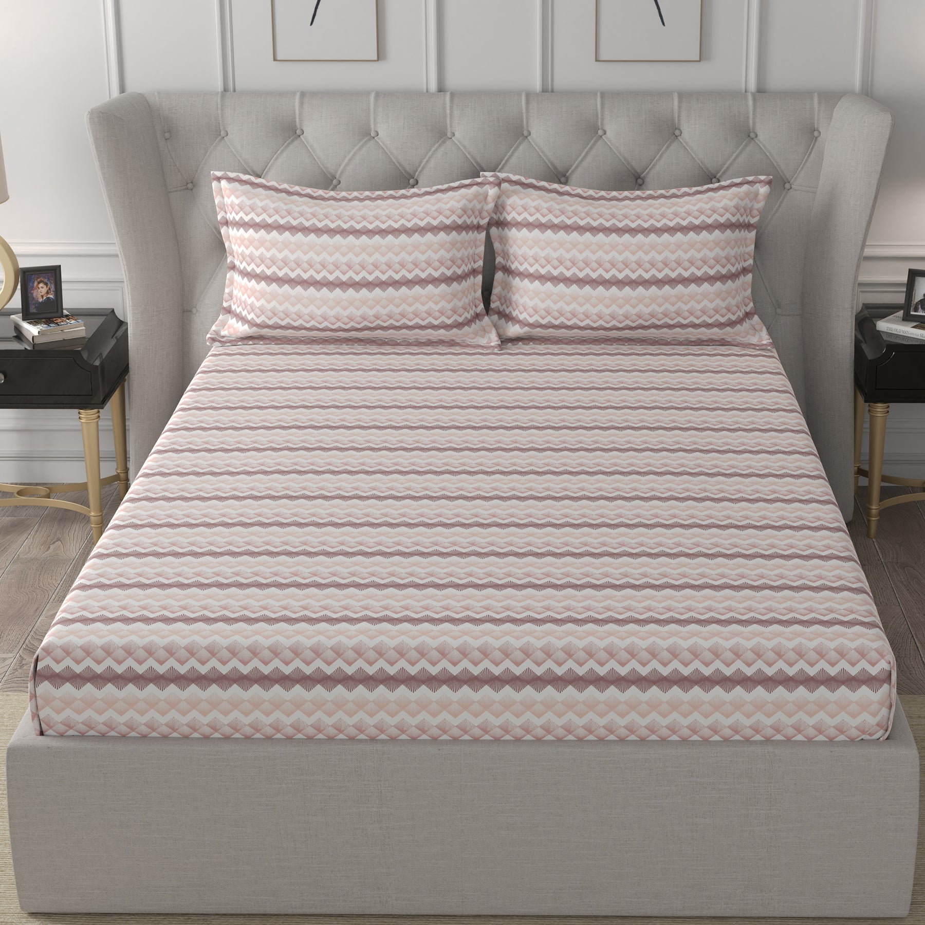 Florescence Livia Printed 100% Cotton Pink Bed Sheet with Pillow Case