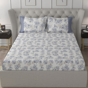 Florescence Aster Blue Bed Sheet With 2 Pillow Covers