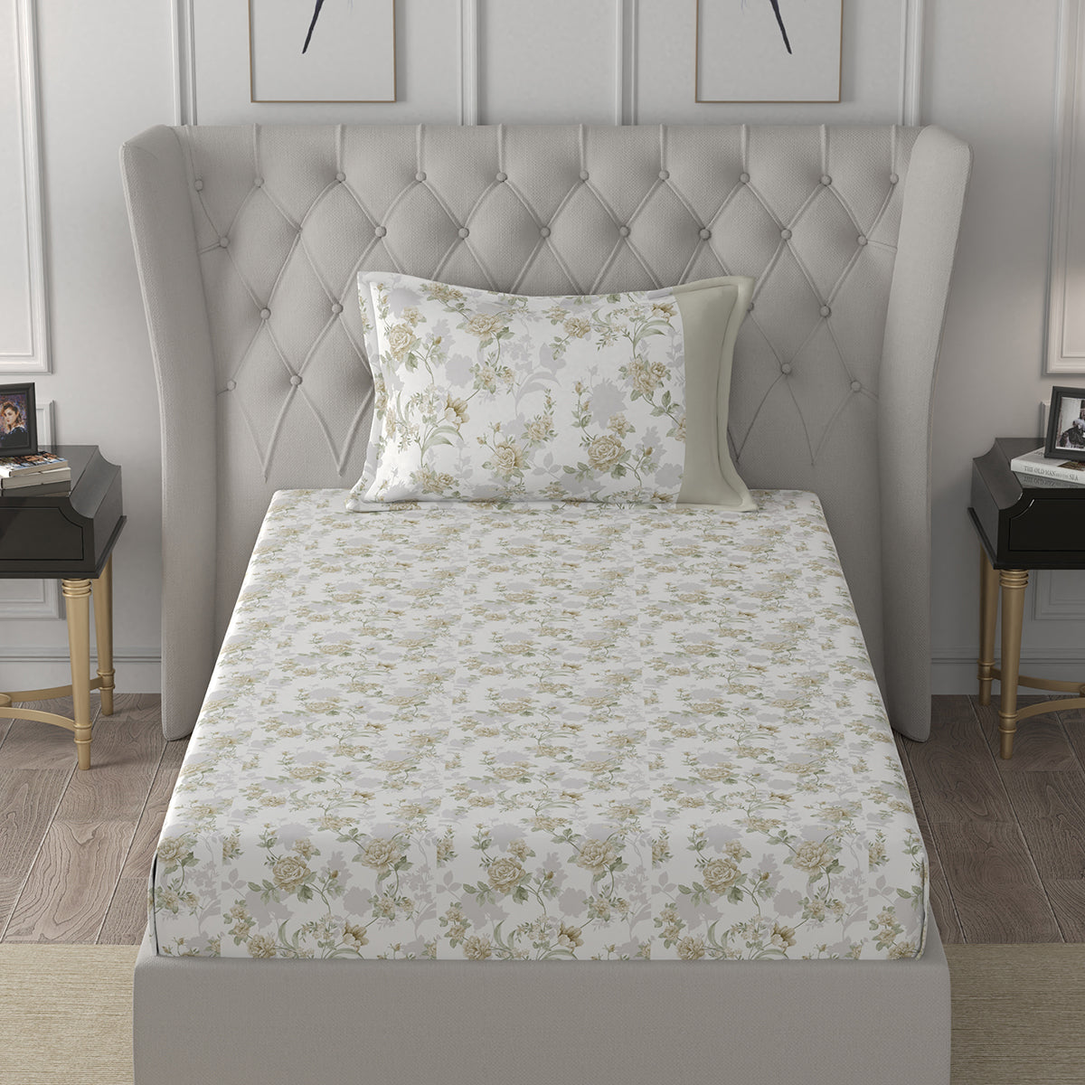 Hermosa Exotic Bouquet Bloomington Neutral Bed Sheet with Pillow Case