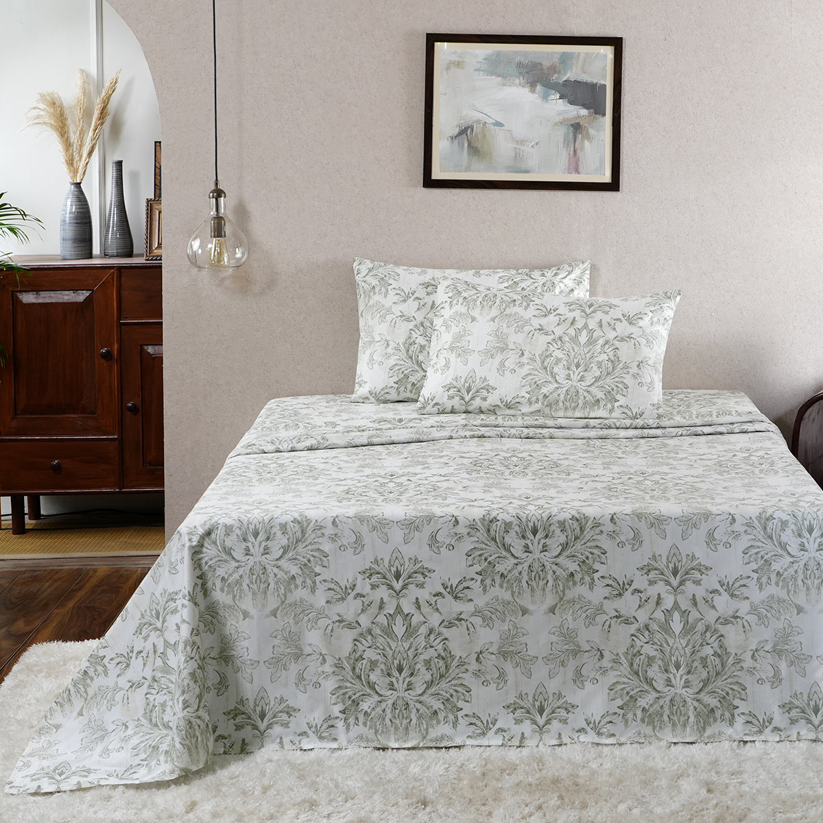 Tranquil Essence Napery Classic 100% Cotton Printed Green Bed Sheet with Pillow Case