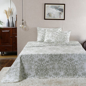 Tranquil Essence Napery Classic 100% Cotton Printed Green Bed Sheet with Pillow Case