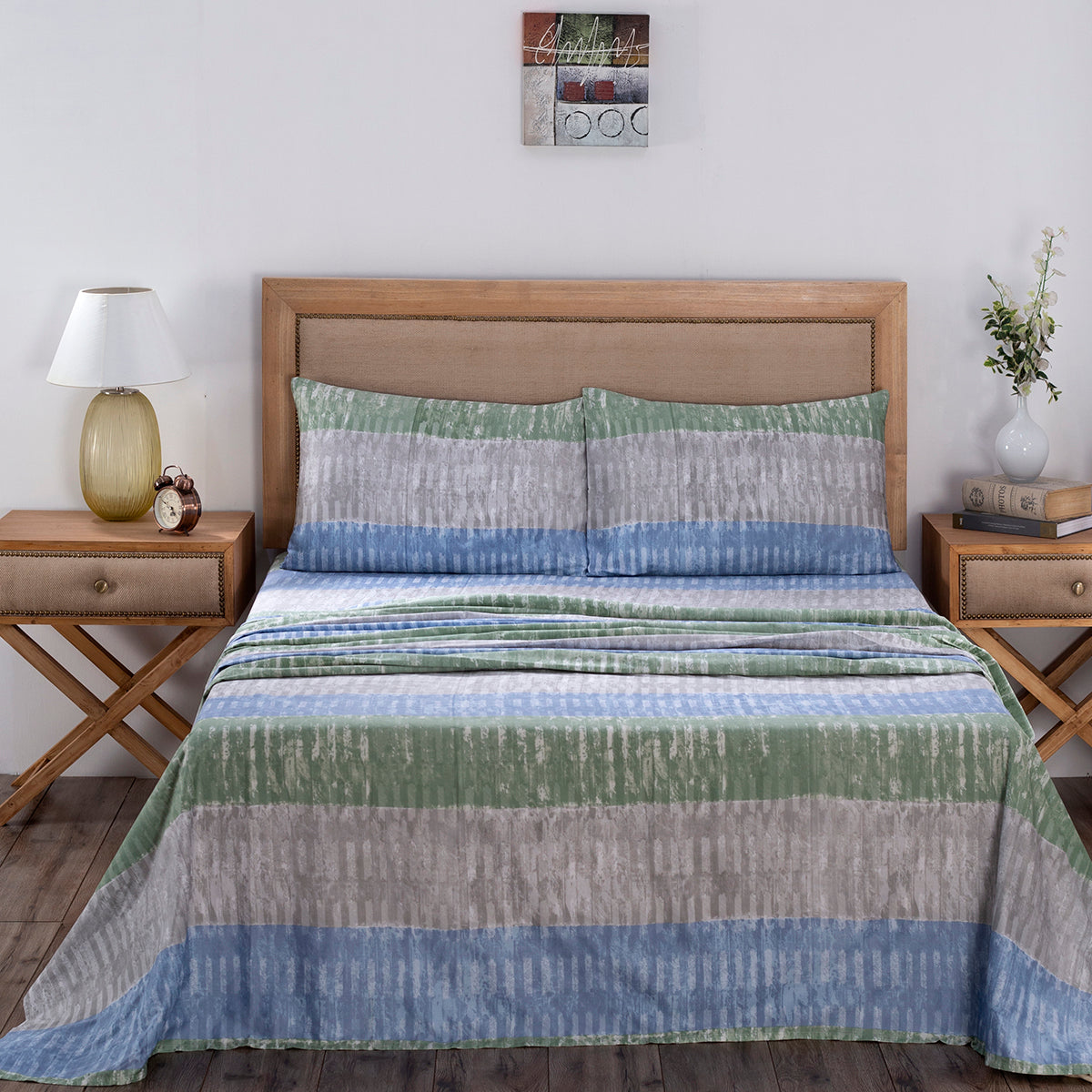 Royal Botanic 200 TC Streak Tint Blue 100% Cotton Bed Sheet With Pillow Case