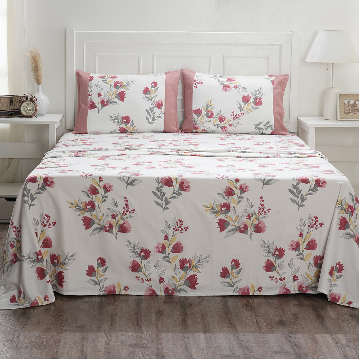 Royal Botanic Floral Leaves Print 200 TC  Multi 100% Cotton Bed Sheet With Pillow Case