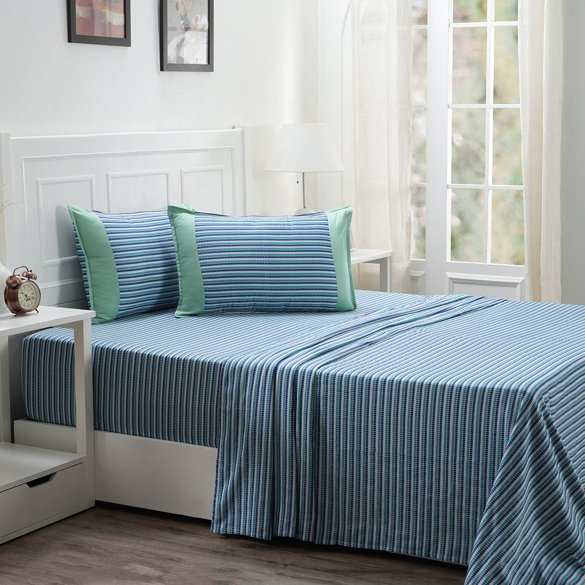 Royal Botanic 200 TC Modern Geo Teal 100% Cotton Bed Sheet With Pillow Case